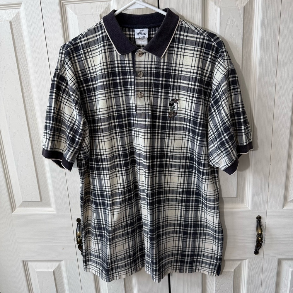 Vintage Disney Store Plaid Mickey Mouse Golf Print Polo Shirt Mens Size Medium